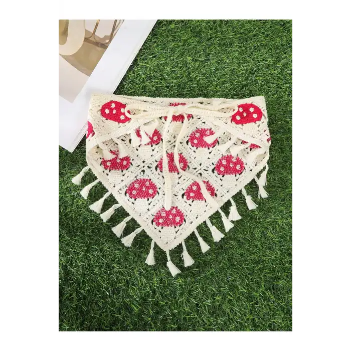 Sevimli Mantar Desenli Örme Üçgen Bandana - Yazlık Plaj Tatil Delikli File Örgü Saç Bandanası