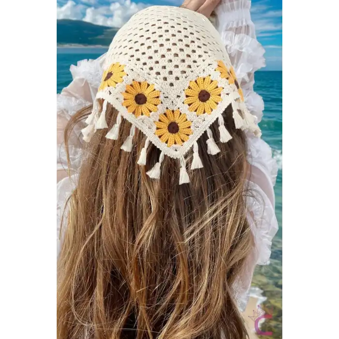 Bohem Kırsal Püsküllü Çiçekli Örgü Saç Bandanası - Yazlık Plaj Tatil Delikli File Üçgen Örme Bandana