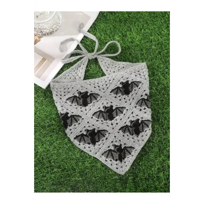 Retro Gotik Yarasa Motifli El Örgüsü Saç Bandanası - Tatil Günlük File Örme Üçgen Bandana