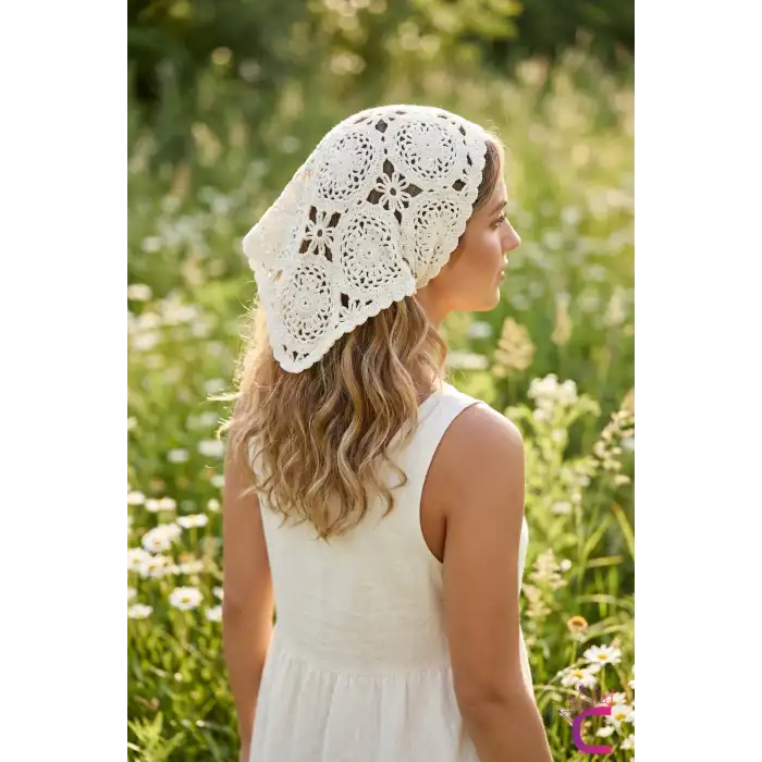 Çiçek Motifli Örme Bohem Üçgen Bandana Ekru - Hediyelik Yazlık Plaj Tatil File Örgü Saç Bandanası