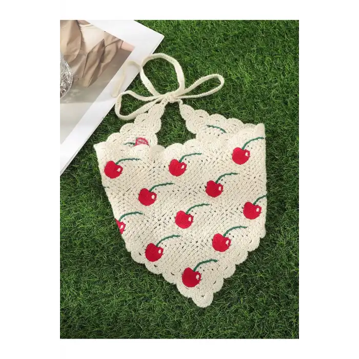 Bohem El Örgüsü Kirazlı Saç Bandanası - Kırsal Tarz Yazlık Tatil File Örme Üçgen Bandana Saç Bandı