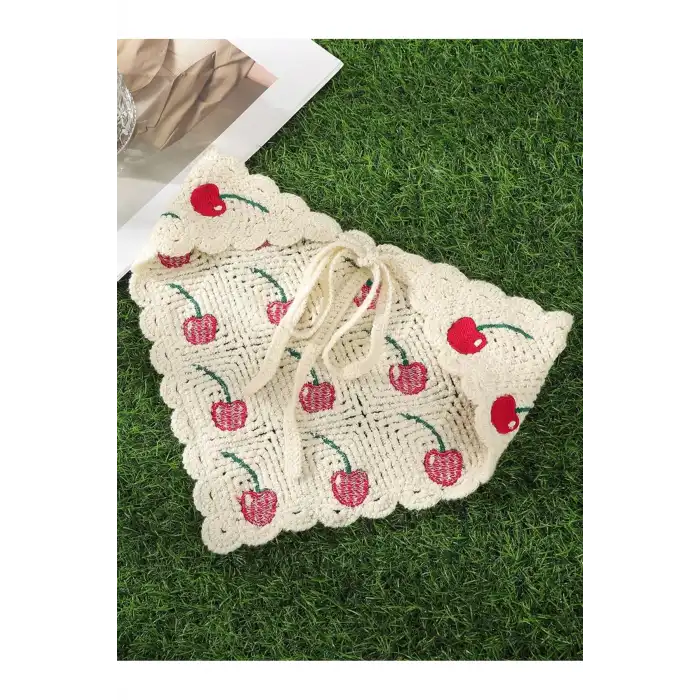 Bohem El Örgüsü Kirazlı Saç Bandanası - Kırsal Tarz Yazlık Tatil File Örme Üçgen Bandana Saç Bandı