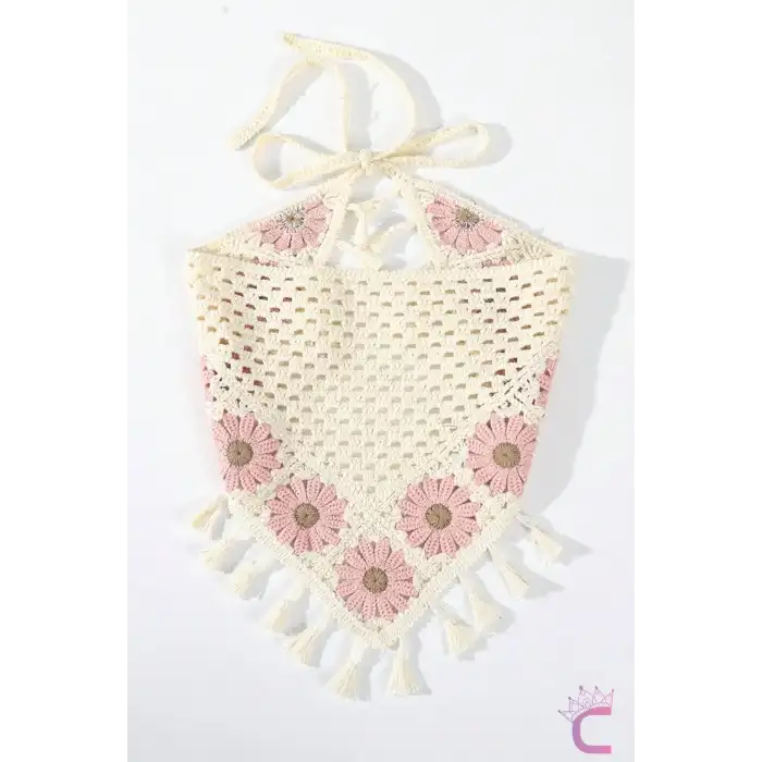 Retro Bohem Tarz Gül Kurusu Papatya Püsküllü Crochet Bandana - El Örgüsü Örme Üçgen Saç Bandanası