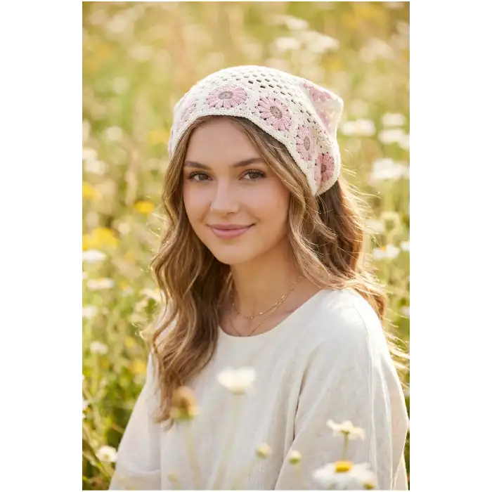 Retro Bohem Tarz Gül Kurusu Papatya Püsküllü Crochet Bandana - El Örgüsü Örme Üçgen Saç Bandanası