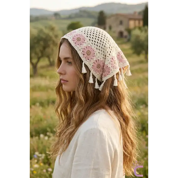 Retro Bohem Tarz Gül Kurusu Papatya Püsküllü Crochet Bandana - El Örgüsü Örme Üçgen Saç Bandanası
