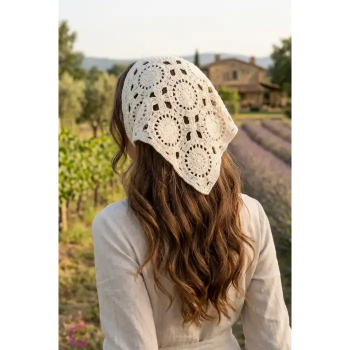 Bohem Güneş Motifli Crochet Saç Bandanası Ekru - El Örgüsü Delikli File Örme Üçgen Bandana Fular