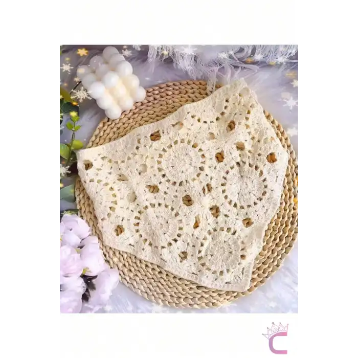 Bohem Güneş Motifli Crochet Saç Bandanası Ekru - El Örgüsü Delikli File Örme Üçgen Bandana Fular