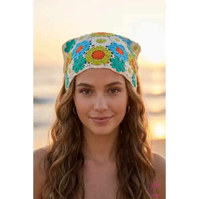 Güneş Papatya Çiçek Motifli Bohem Örgü Üçgen Bandana Renkli - Yazlık Delikli File Örme Saç Bandanası
