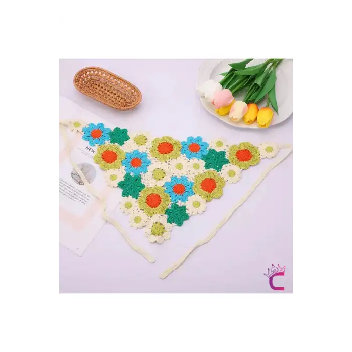 Güneş Papatya Çiçek Motifli Bohem Örgü Üçgen Bandana Renkli - Yazlık Delikli File Örme Saç Bandanası