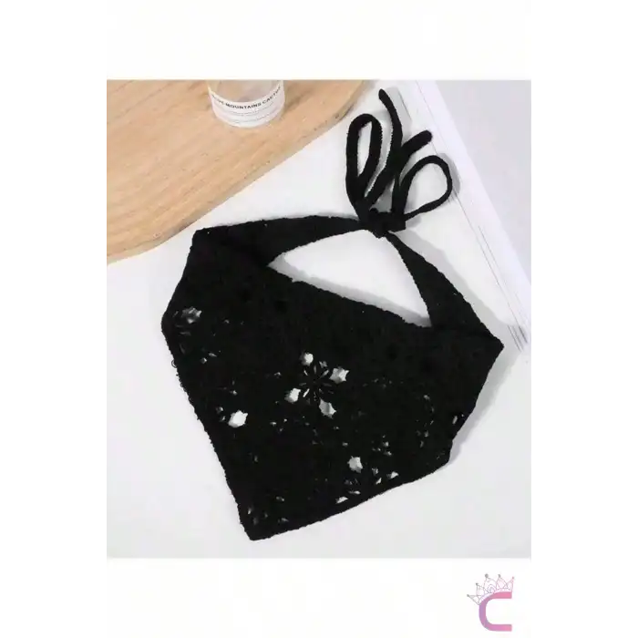 Siyah Vintage Dairesel Çiçek Motifli Örme Üçgen Bandana - Yazlık El Örgüsü Crochet Saç Bandanası