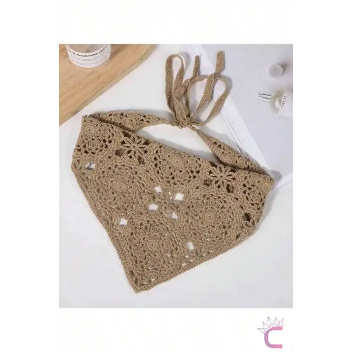 Yazlık Bohem Dairesel Çiçek Motifli Örgü Saç Bandanası Bej - Crochet Delikli File Örme Üçgen Bandana