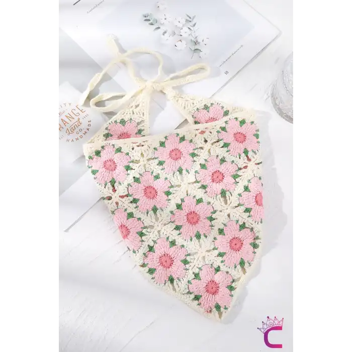 Pastel Tonlu Çiçekli Dantel İşlemeli Bohem Örme Üçgen Bandana - Hediyelik Yazlık Örgü Saç Bandanası