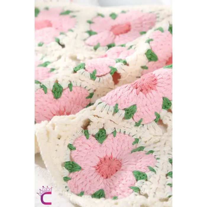 Pastel Tonlu Çiçekli Dantel İşlemeli Bohem Örme Üçgen Bandana - Hediyelik Yazlık Örgü Saç Bandanası