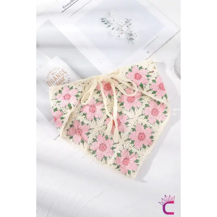 Pastel Tonlu Çiçekli Dantel İşlemeli Bohem Örme Üçgen Bandana - Hediyelik Yazlık Örgü Saç Bandanası