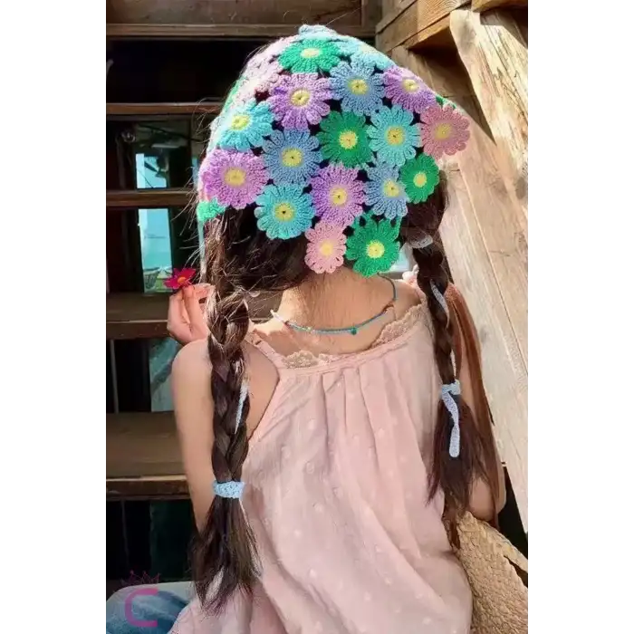 Kadın Genç Kız Çocuk Gökkuşak Renkli Çiçekli Bohem Örgü Saç Bandanası - Yazlık Örme Üçgen Bandana