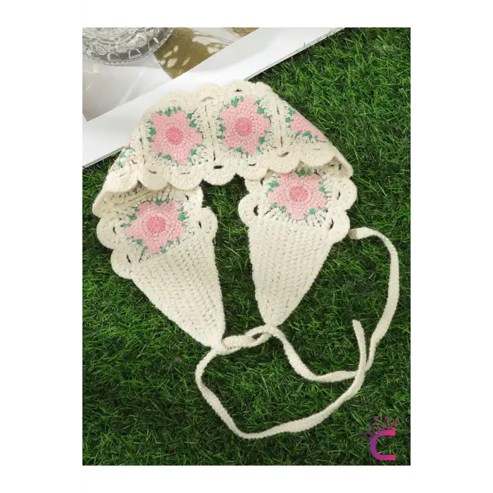 Bohem Pembe Çiçekli Yarım Tarz Bandana Saç Bandı - Yazlık Delikli El Örgüsü File Örme Saç Bandanası