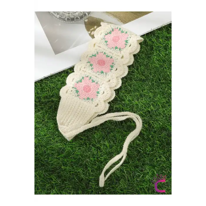 Bohem Pembe Çiçekli Yarım Tarz Bandana Saç Bandı - Yazlık Delikli El Örgüsü File Örme Saç Bandanası