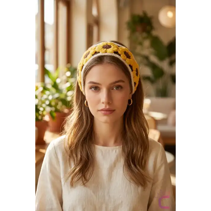 Sıralı Sarı Ayçiçeği Motifli Yazlık Yarım Tarz El Örgüsü Bandana - Dantel İşlemeli Örme Saç Bandı