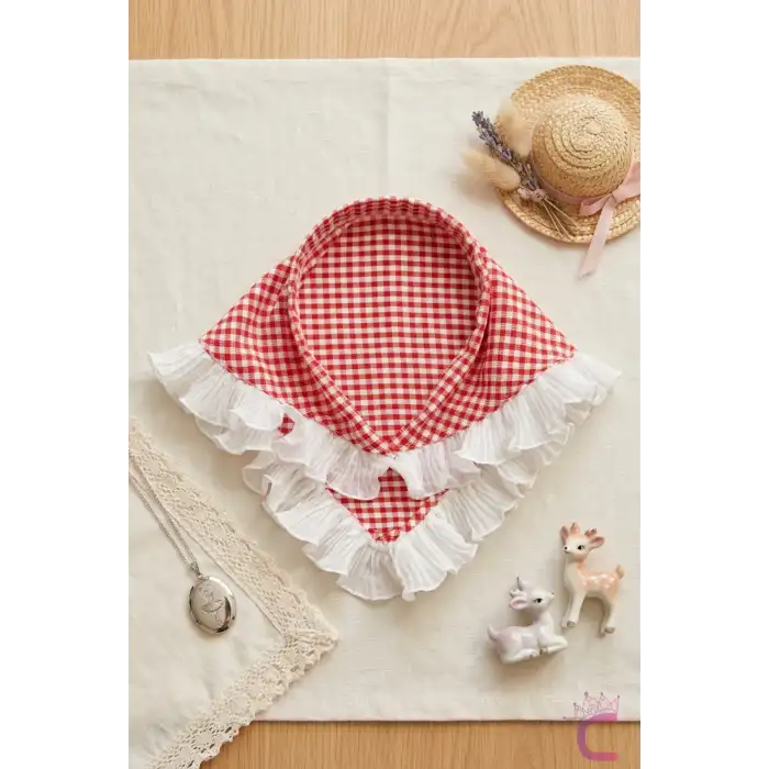 Kırmızı Beyaz Pötikare Fırfırlı Bohem Taçlı Bandana - Çocuk Kadın Saç Bandı Toka Üçgen Saç Bandanası