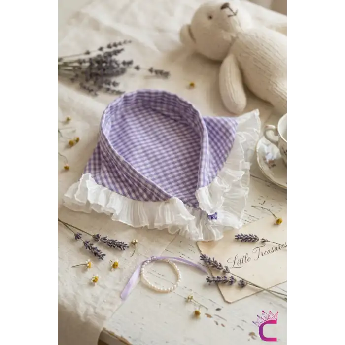 Mor Beyaz Pötikare Fırfırlı Bohem Taçlı Bandana - Çocuk Kadın Saç Bandı Toka Üçgen Saç Bandanası