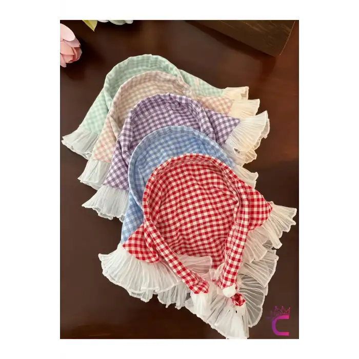 Mor Beyaz Pötikare Fırfırlı Bohem Taçlı Bandana - Çocuk Kadın Saç Bandı Toka Üçgen Saç Bandanası
