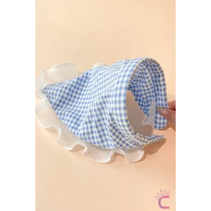 Mavi Beyaz Pötikare Fırfırlı Bohem Taçlı Bandana - Çocuk Kadın Saç Bandı Toka Üçgen Saç Bandanası