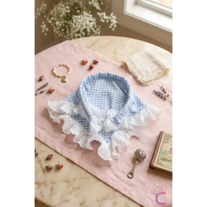 Mavi Beyaz Pötikare Fırfırlı Bohem Taçlı Bandana - Çocuk Kadın Saç Bandı Toka Üçgen Saç Bandanası