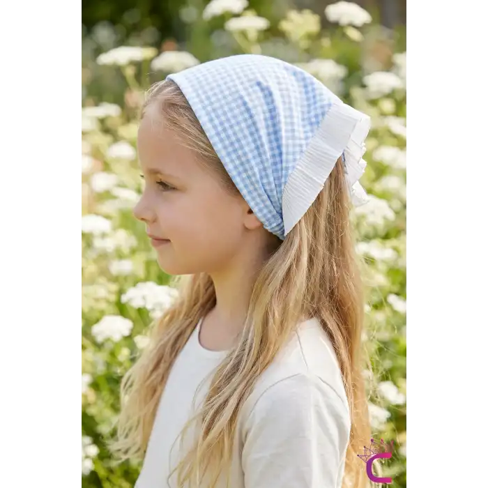 Mavi Beyaz Pötikare Fırfırlı Bohem Taçlı Bandana - Çocuk Kadın Saç Bandı Toka Üçgen Saç Bandanası