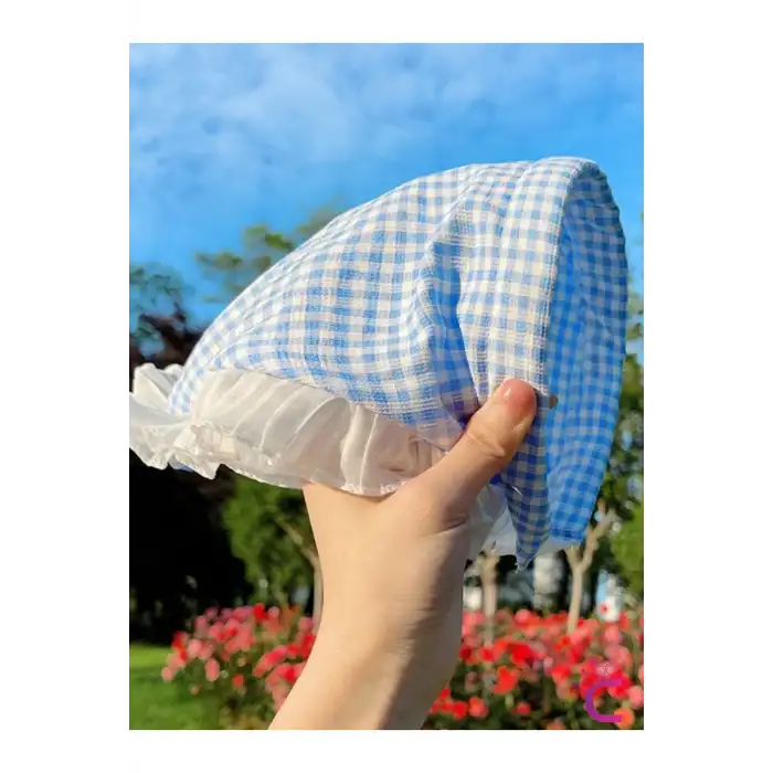 Mavi Beyaz Pötikare Fırfırlı Bohem Taçlı Bandana - Çocuk Kadın Saç Bandı Toka Üçgen Saç Bandanası