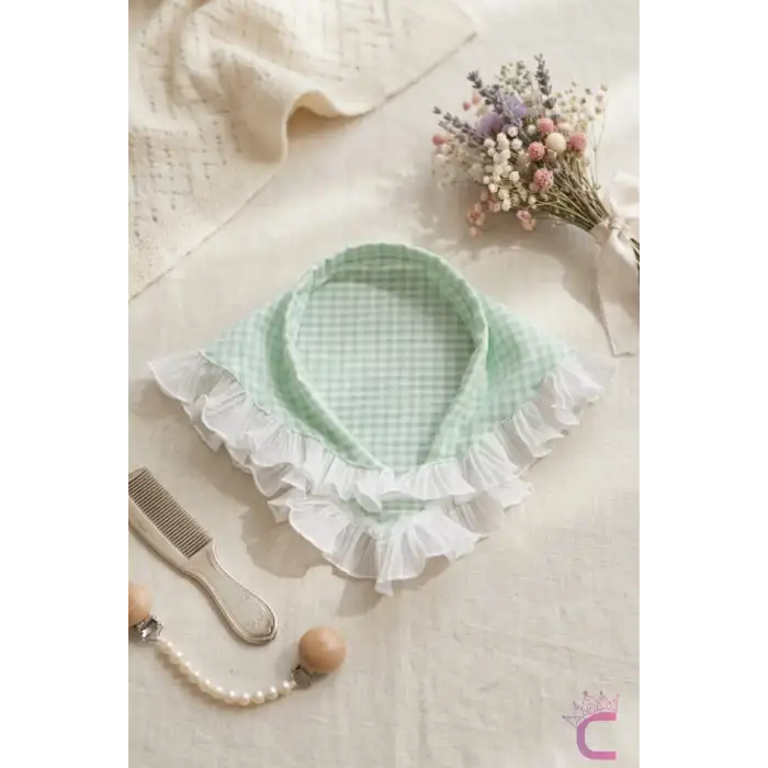 Yeşil Beyaz Pötikare Fırfırlı Bohem Taçlı Bandana - Çocuk Kadın Saç Bandı Toka Üçgen Saç Bandanası