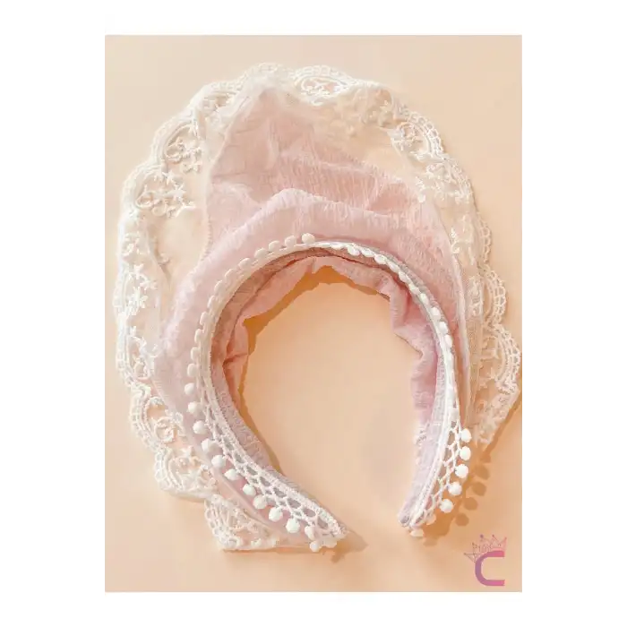 Kadın Dantelli Tül Pembe Taç Bandana Vintage Saç Bandı Toka - Japon Kore Üçgen Taçlı Saç Bandanası