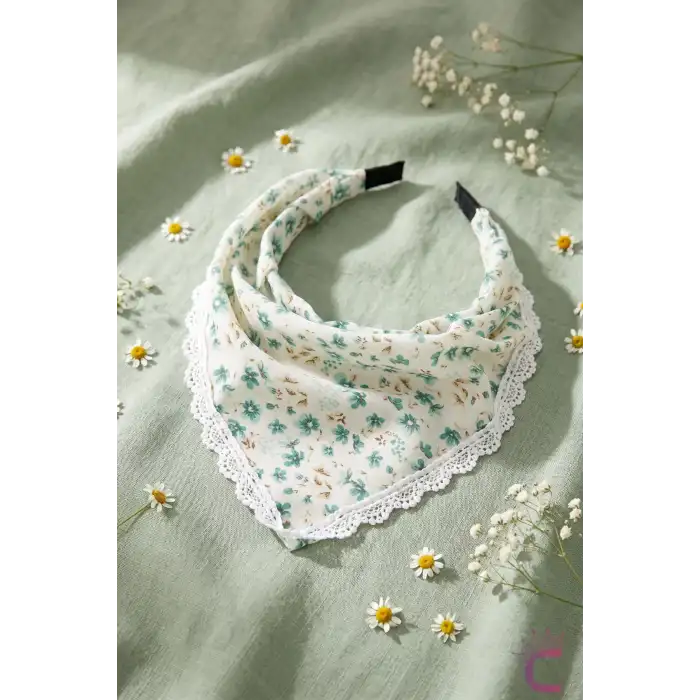 Mint Yeşili Çiçekli Beyaz Dantelli Yazlık Bohem Taç Bandana - Üçgen Saç Bandanası Saç Bandı Toka