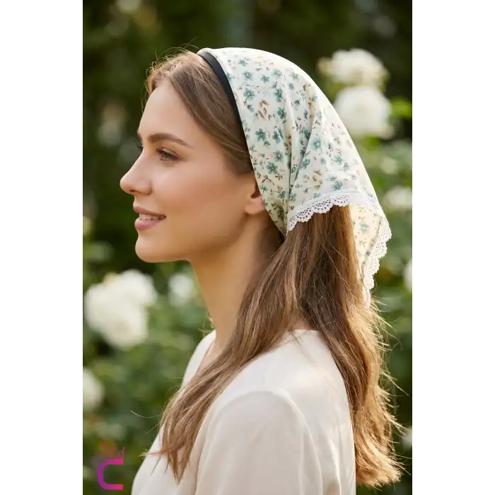 Mint Yeşili Çiçekli Beyaz Dantelli Yazlık Bohem Taç Bandana - Üçgen Saç Bandanası Saç Bandı Toka