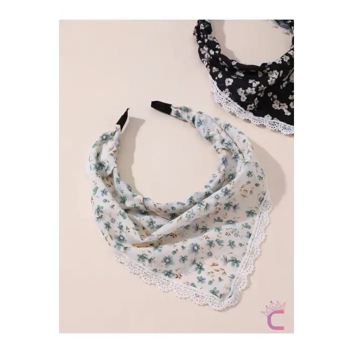Mint Yeşili Çiçekli Beyaz Dantelli Yazlık Bohem Taç Bandana - Üçgen Saç Bandanası Saç Bandı Toka