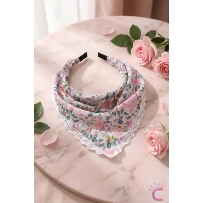 Pembe Lila Çiçekli Beyaz Dantelli Yazlık Bohem Taç Bandana - Üçgen Saç Bandanası Saç Bandı Toka