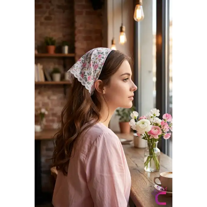 Pembe Lila Çiçekli Beyaz Dantelli Yazlık Bohem Taç Bandana - Üçgen Saç Bandanası Saç Bandı Toka