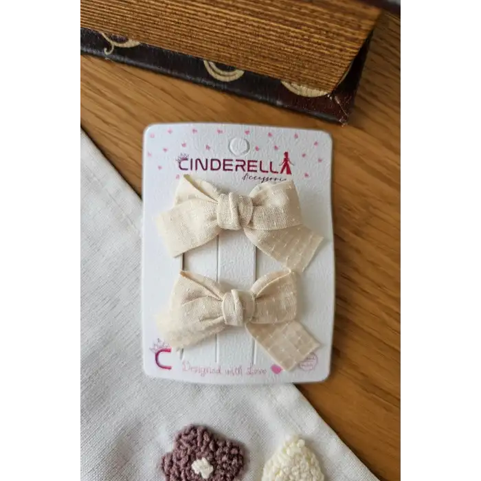 Rustik Keten Dokulu Pastel Bej Kurdele Fiyonk Toka Seti 6cm - Kumaş Kaplı Klips Pens Yan Saç Tokası