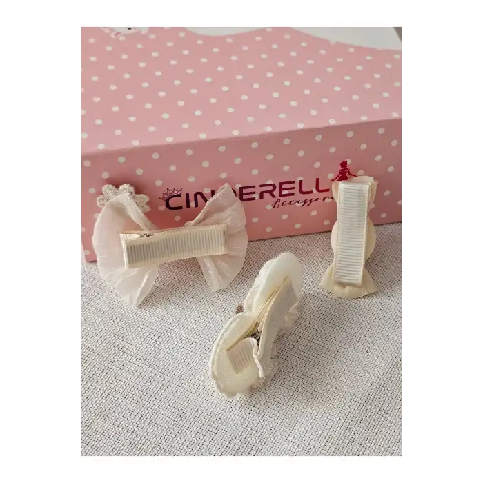 Rustik Keten Dokulu Pastel Bej Kurdele Fiyonk Toka Seti 6cm - Kumaş Kaplı Klips Pens Yan Saç Tokası