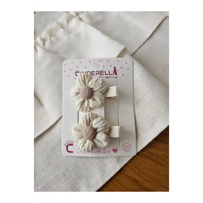 Kız Çocuk Ekru Büzgülü Papatya Çiçek Tasarım Pens Toka Seti 5cm - Astarlı Klipsli Yan Saç Tokası