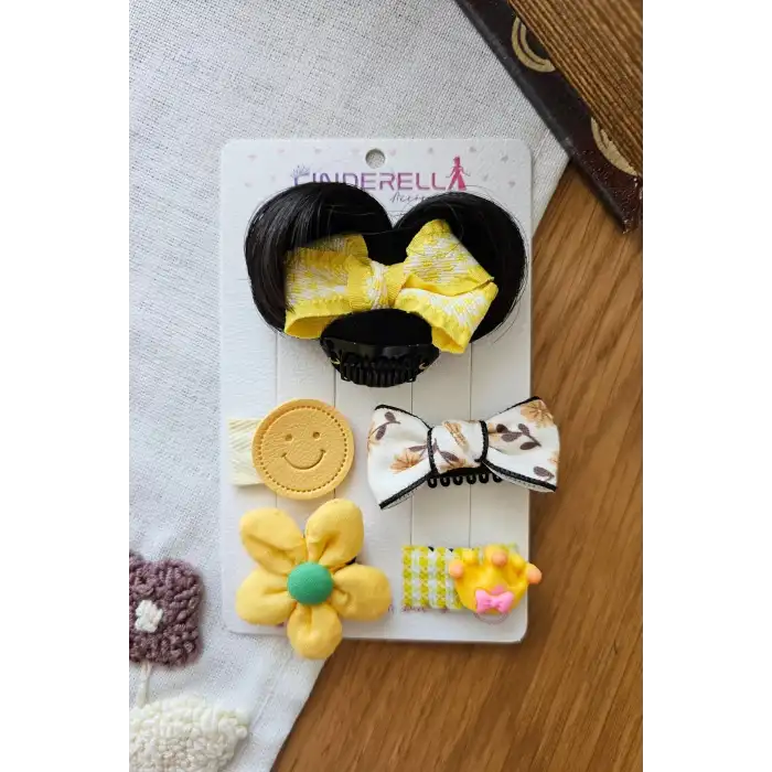 5li Özel 3D Fiyonk Postişli Sarı Pötikare Mini Taçlı Gülen Yüz Papatya Az Saçlı Saçsız Bebek Tokası