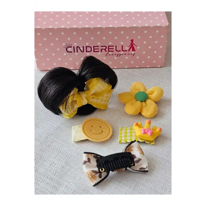 5li Özel 3D Fiyonk Postişli Sarı Pötikare Mini Taçlı Gülen Yüz Papatya Az Saçlı Saçsız Bebek Tokası