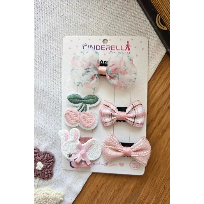 5li Özel Seri Soft Pembe Tül Fiyonk Sevimli Tavşanlı Kirazlı Az Saçlı Yenidoğan Saçsız Bebek Tokası