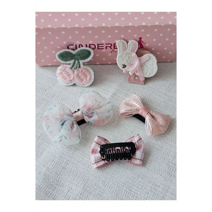 5li Özel Seri Soft Pembe Tül Fiyonk Sevimli Tavşanlı Kirazlı Az Saçlı Yenidoğan Saçsız Bebek Tokası