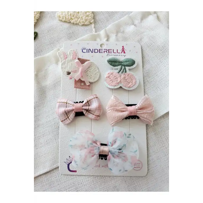 5li Özel Seri Soft Pembe Tül Fiyonk Sevimli Tavşanlı Kirazlı Az Saçlı Yenidoğan Saçsız Bebek Tokası