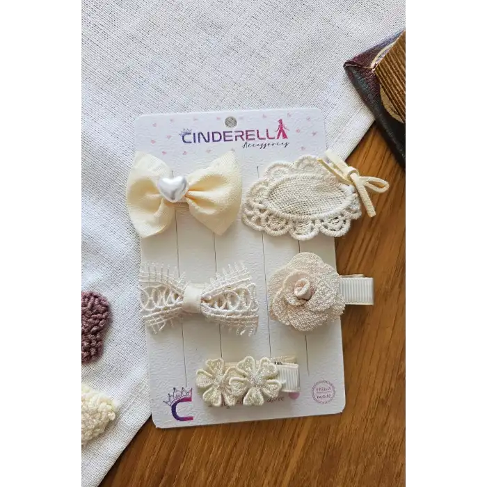 Zarafet Serisi 5li Bayram Özel 5li Kız Bebek Çocuk Ekru Krem Dantelli Gül Fiyonk Astarlı Toka Seti