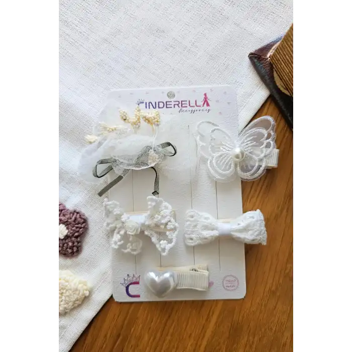 Zarafet Serisi 5li Hasır Başak Çiçekli Kalpli İnci Tül Fiyonk Astarlı Klipsli Pens Toka Seti