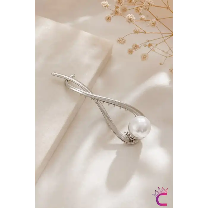 Modern Şık Gümüş Beyaz İncili Metal Kıstırmalı Saç Tokası 11cm - Retro Muz Topuz Tokası Klipsli Toka