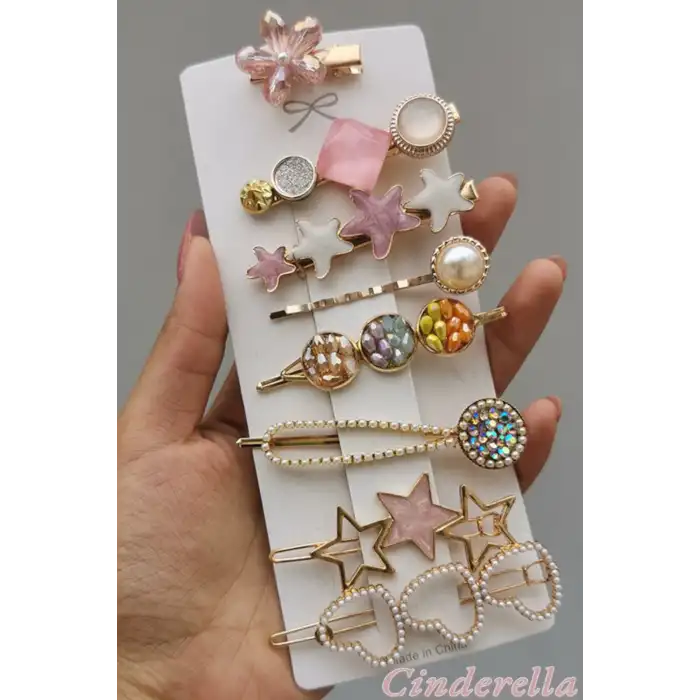 8li Kadın İncili Taşlı Yıldızlı Kalpli Çiçekli Özel Toka Seti - Pens Çıtçıt Klips Yan Saç Tokası