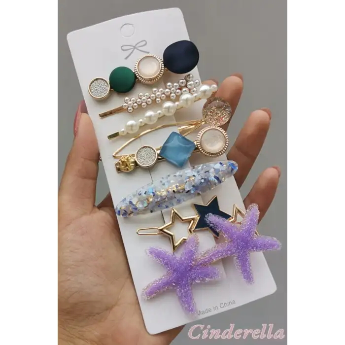 8li Kadın Mor Deniz Yıldızlı İncili Taşlı Özel Toka Seti - Lüks Pens Çıtçıt Klips Yan Saç Tokası