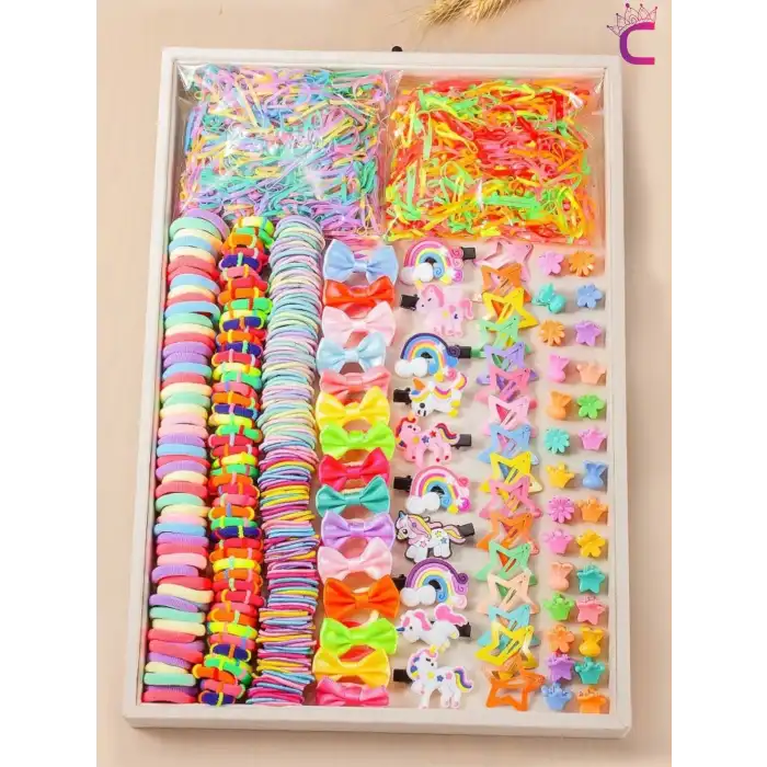 895 Parça Hediyelik Kutulu Kız Çocuk Toka Seti - Unicorn Fiyonk Yıldız Çıtçıtlı Bebek Saç Tokası